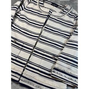 Karl Lagerfeld Paris Striped Tweed Fringe Jacket Navy Cream L7ECU125‎ Size 12